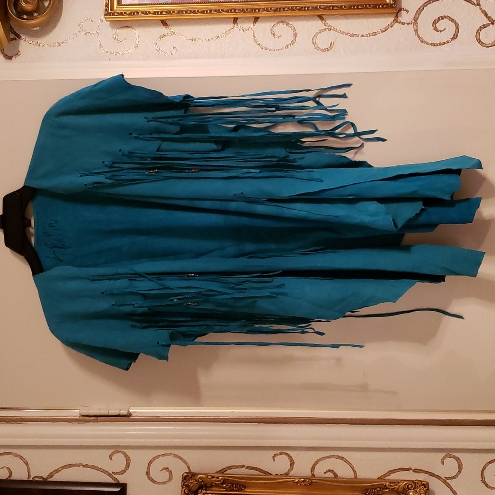 Womens suede vintage , fringed , belted , vest , wrap .